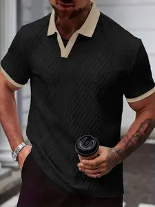 Men's Textured Contrast Trim Johnny Collar Polo Shirt, Retro V-Neck Short Sleeve Top, Casual Business & Daily Streetwear, Breathable Woven Fabric, Slim Fit Golf Shirt, Viral TikTok Men's Fashion Essential