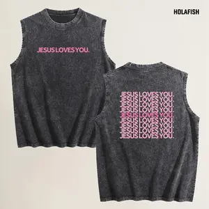 Holafish Women's Acid Washed Oversized Cotton Tank Top  "Jesus Loves You" Distressed Sleeveless Tee Soft Vintage Streetwear Top for Gym and Casual Wear