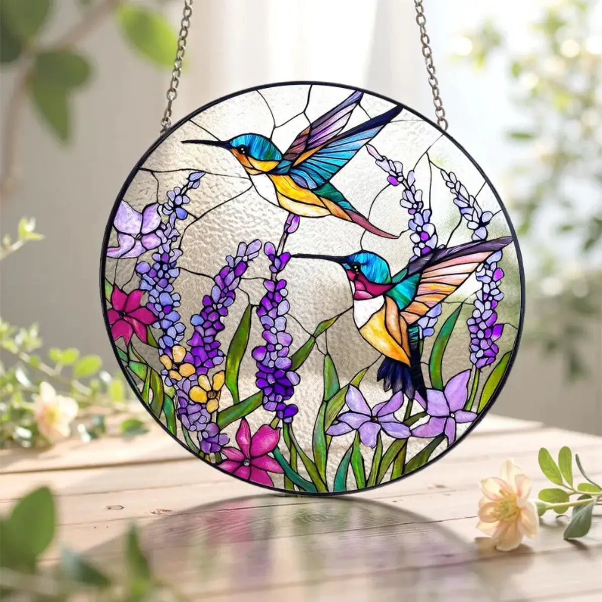 Colorful Hummingbird Stained Glass Suncatcher Ornament, Hangable Frame Window Hanging Decor, Bird Glass Art Gift for Mom, Sympathy Memory Home Decor