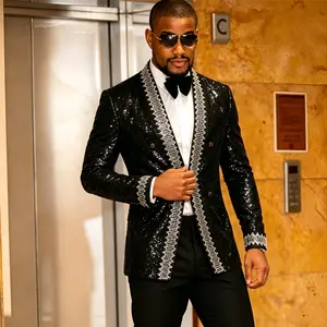 Men's Sequined Suit Blazer, Black With Silver Trim, Performance Stage Jacket For Wedding Banquet