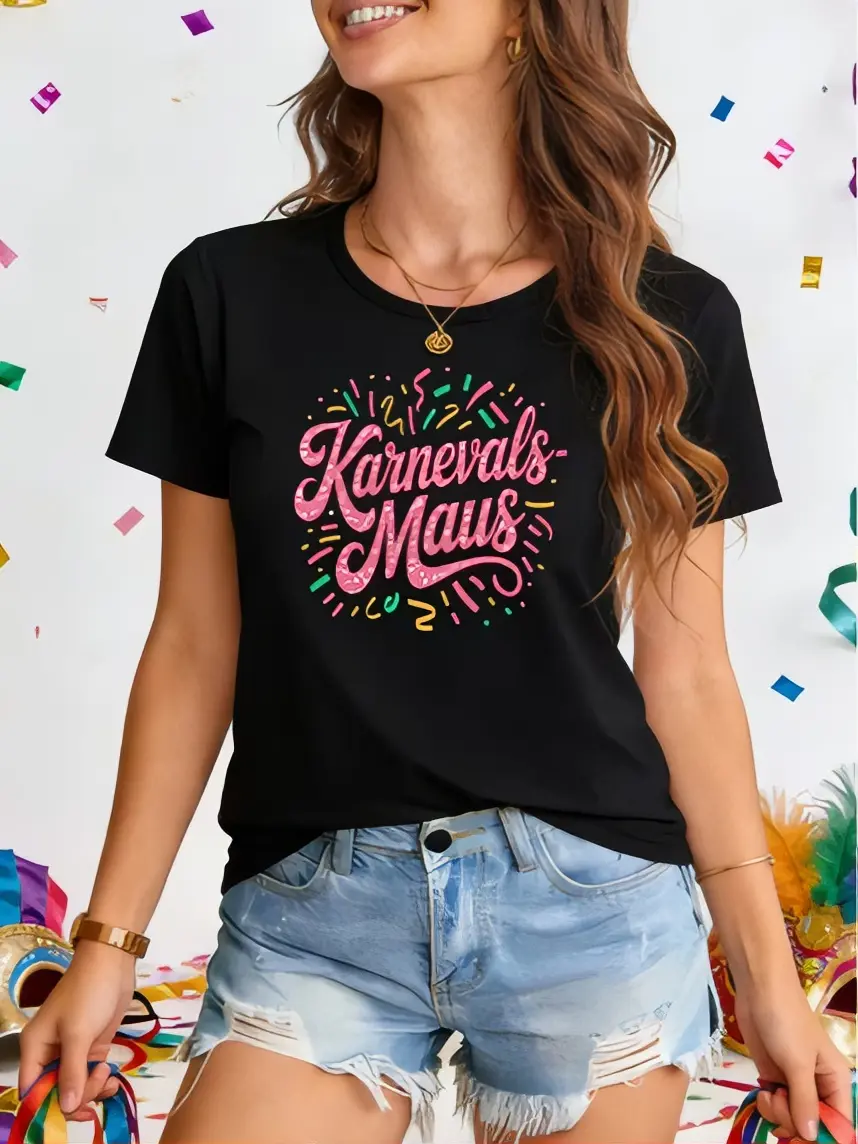Women's Black Karnevals Maus T-Shirt - Casual, Colorful Confetti Design, Festive Wear