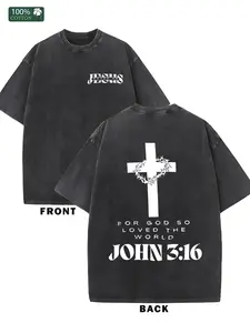 Men's Vintage Washed Cotton T-Shirt - Loose Fit Short Sleeve Round Neck with Double-Sided John 3:16 Bible Verse & Cross Print, 230gsm Heavyweight 100% Cotton, Machine Washable Summer Casual Tee