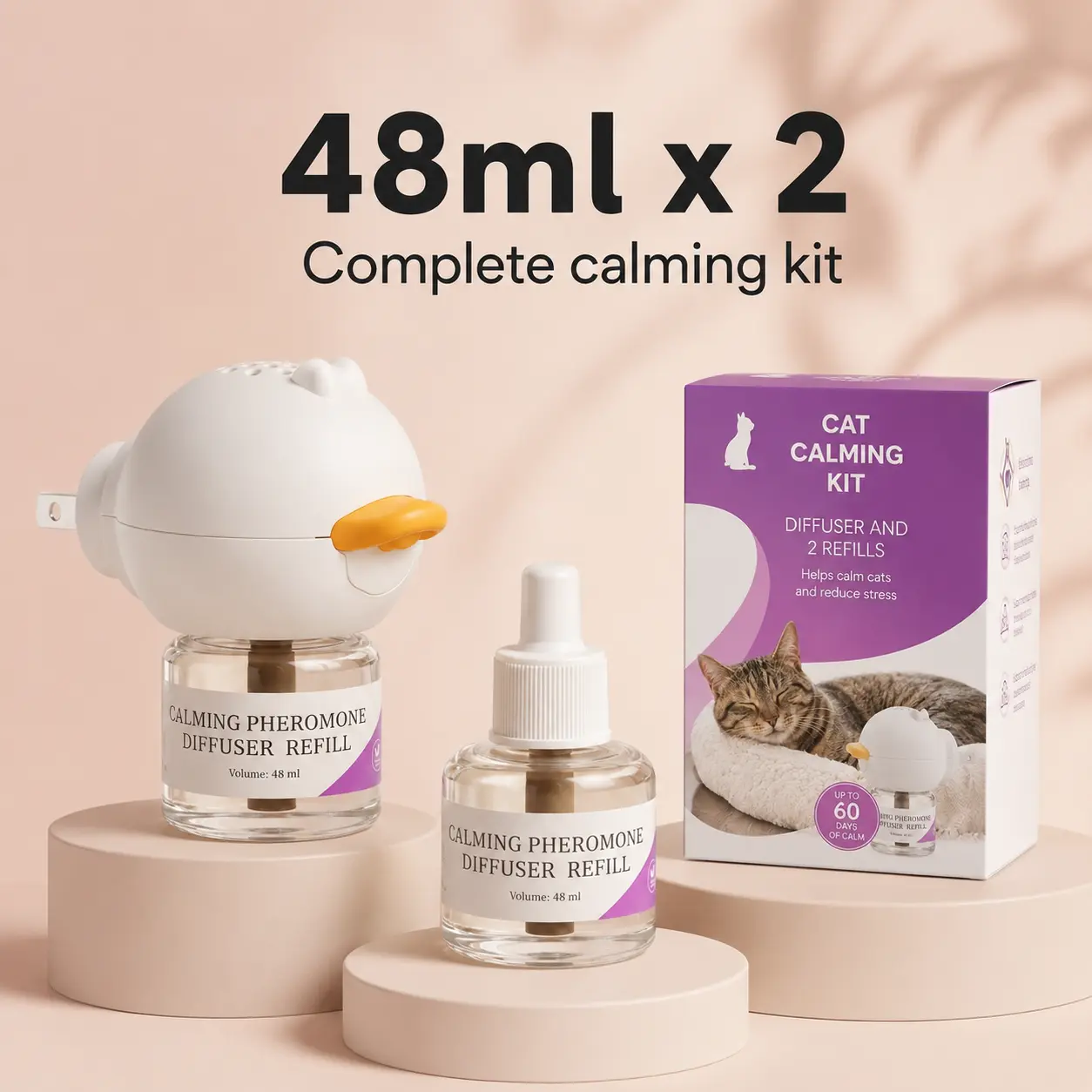 Cat Calming Pheromone Diffuser Kit with 48ml Refill, Plug-In Cat Soothing Support for Indoor Cats, Helps Reduce Stress from Travel, Moving, Separation, Scratching and Multi-Cat Homes, Easy Daily Comfort Solution