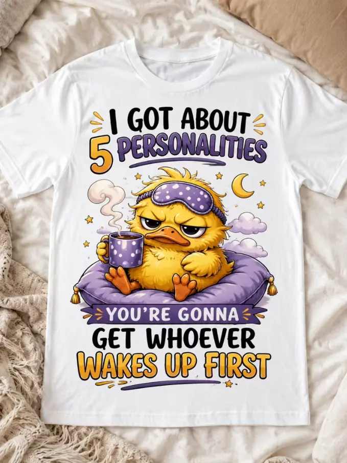 Funny Grumpy Duck T-Shirt with 5 Slogans & Coffee Cup Print - 100% 180G Casual Round Neck Short Sleeve Tee Suitable for Seasons, Machine Washable Humor Apparel
