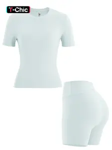 Two-piece Set Women's Solid Tracksuit Set, Sporty Short Sleeve Round Neck Tee & High Waist Biker Shorts Set for Fall, Ladies Sportswear for Yoga Gym Workout, Activewear, Fitness Outfit, Workout Gym Clothing