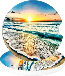 Cup Holder Coasters, 2 Pack Absorbent Ceramic Coaster 2.56" Universal Ceramic Stone & Non-Scratch Cork Base Coasters Auto Accessories for Women & Men(Sunset)