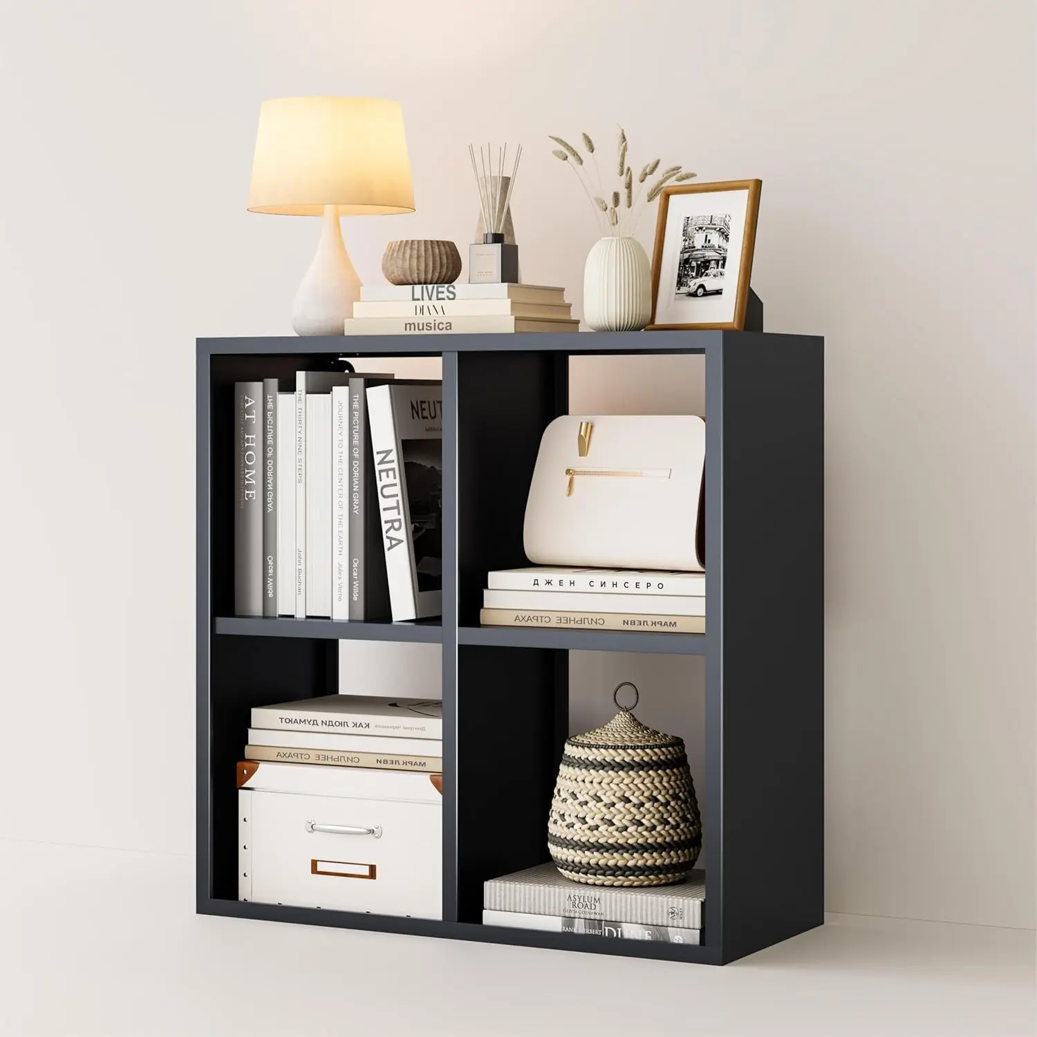 4 Cube Storage Organizer - Metal Bookshelf, Black Cube Shelf, Deep Cube Shelving with Corner Protector, Stackable Design Bookcase for Living Room, Bedroom, Office, Entryway