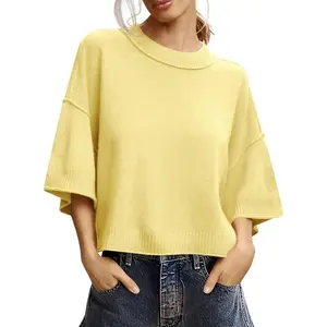 Saodimallsu Womens Short Sleeve Sweater Summer Oversized Cropped Sweaters Casual Crewneck Lightweight Knit Tops