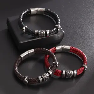 1pc New Fashion 21cm Length Double Layer Punk Rock Style Braided PU Leather Bracelet, Metal Magnetic Bracelet Men Jewelry Gift Trendy Stack Bangle