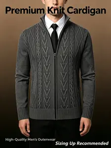 Men's Stand Collar Zipper Knit Sweater, Anti-Pilling Fabric, Classic Houndstooth Pattern, Fall & Winter Casual Wear, Versatile Layering Piece