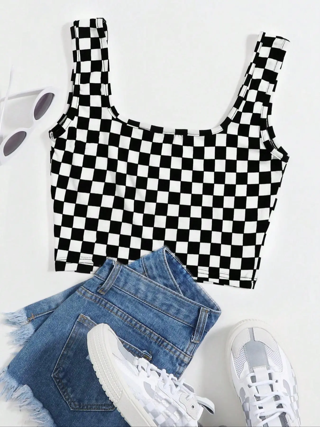 Women's Checkerboard Print Crop Tank Top, Casual Chic Sleeveless, Casual Fashion Sleeveless Round Neck Top for Daily Wear, Ladies Clothes for All Seasons, Casual Sleeveless Tops, Fitted Sleeveless