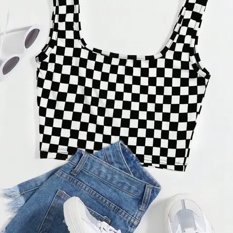 Women's Checkerboard Print Crop Summer Tank Top, Casual Sleeveless Fitted Round Neck Top for Daily Wear, Ladies Clothes for All Seasons