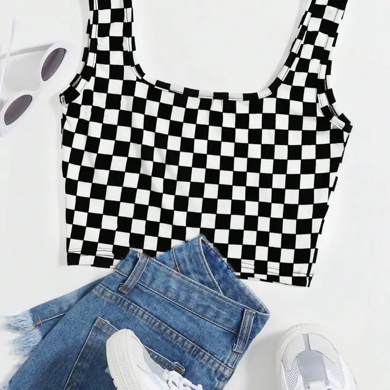 Women's Checkerboard Print Crop Summer Tank Top, Casual Sleeveless Fitted Round Neck Top for Daily Wear, Ladies Clothes for All Seasons
