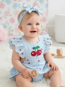 Cherry Print Butterfly Sleeve Romper – Blue Plaid Bow Detailing Bodysuit for Baby & Reborn Doll
