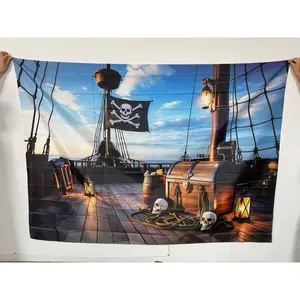 2D flat banner, 1pcPirate Ship Themed Deck Decor with Lanterns and Pirate Flag, Vintage Nautical Wooden Chest and Treasure Barrel, Perfect for Home or Office Decoration, Ideal for Pirate Parties and Nautical Enthusiasts, Party Decoration