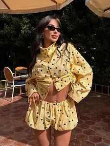 Women's Spring Summer Fashion Polka Dot Print Shorts Set, Long Sleeve Button Front Shirt Jacket, Elastic Waist Balloon Pants, Elegant Casual