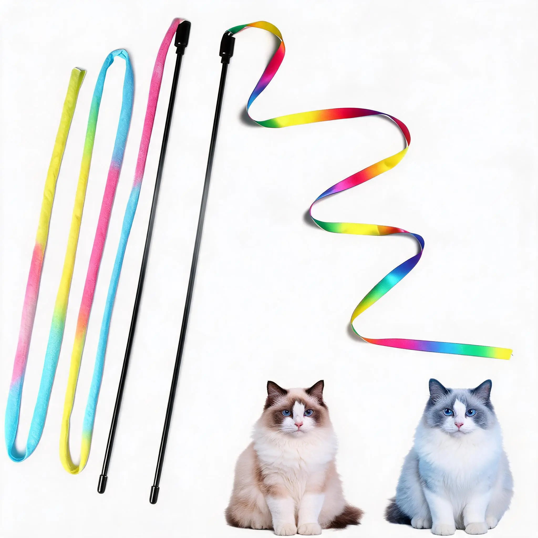 Interactive Colorful Rainbow Cat Charmer String Toy - Durable Elastic Wand with Soft Satin Fabric for Indoor Cats Exercise