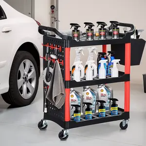 YITAMOTOR Auto Detailing Cart with Wheels, 3 Tier Rolling Detail Cart with Long Hanging Plate & Hooks & Hanging Bucket, Car Wash Organizer Cart for Detailers Garage, Workshop, Repair Shop, Storage Tool organizer  storage storage  containers
