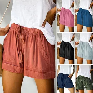 Summercomfortablecottonelasticwaistdrawstringcasualshortswithpockets