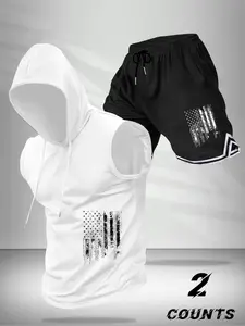 Men's Summer Hooded Sleeveless Vest Top + Drawstring Waist Basketball Shorts Set, Gym Outfits, Flag Print Design, Fitness Running Cycling