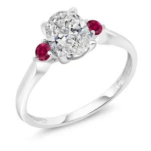 1.62 Cttw 10K White Gold IGI Certified Lab Grown Diamond and Created Ruby 3-Stone Engagement Ring For Women | Center Oval 1.5 Ct Diamond | E-F Color | VS1-VS2 Clarity
