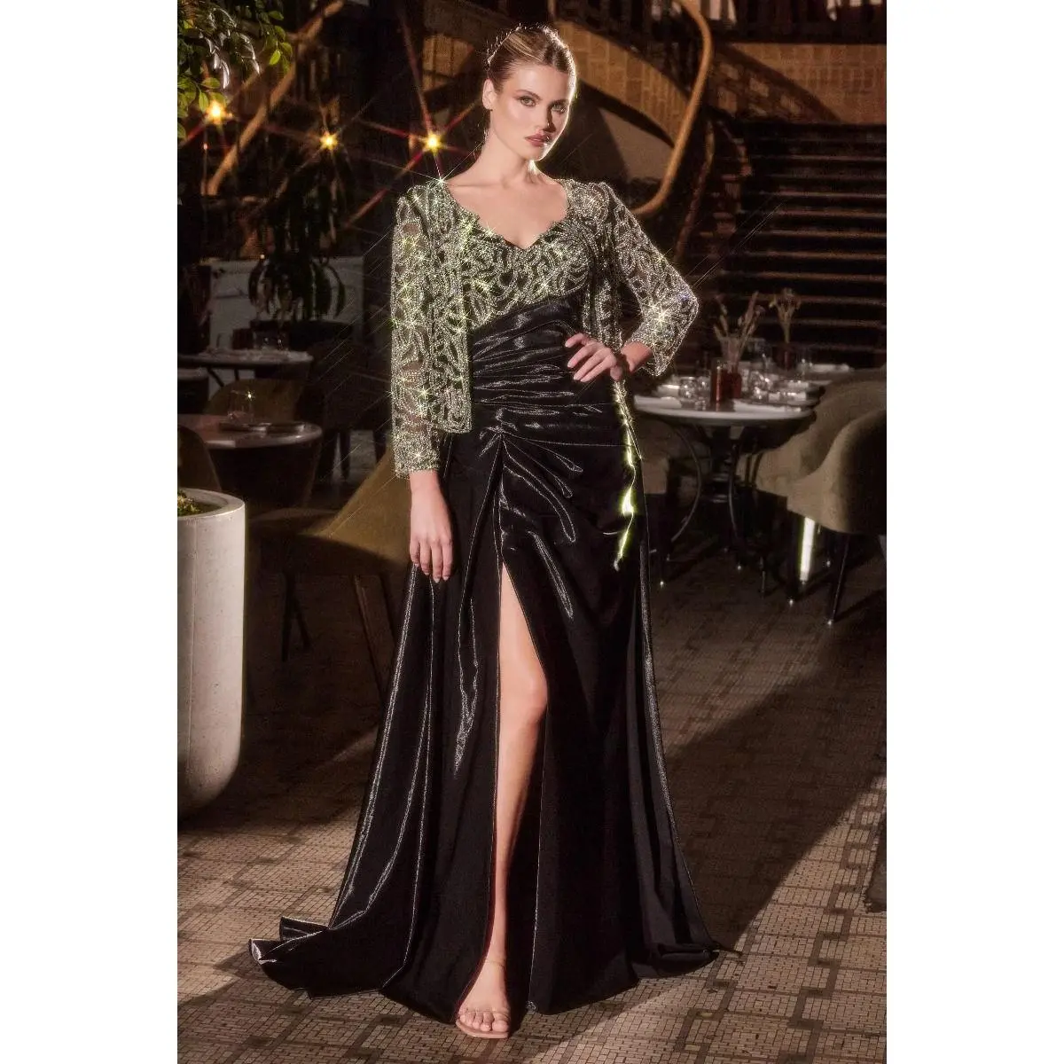 Cinderella Divine -J882 Crystal floral motif jacket & liquid taffeta dress