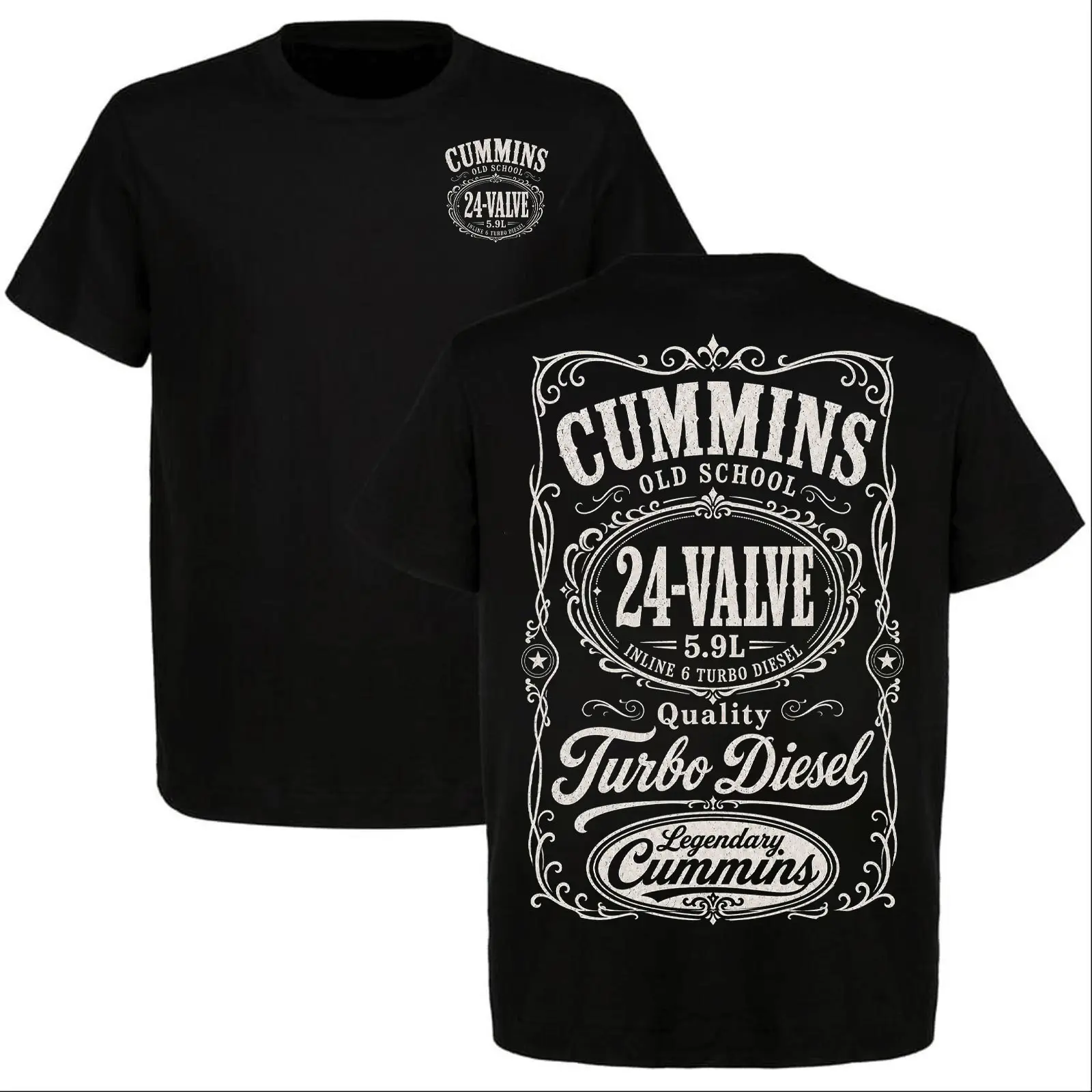24 Valve 5.9L Turbo Diesel Shirt, Old School Inline 6 Diesel Truck Graphic Tee, Front and Back Print Mechanic Gift for Men