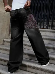 Plus Size 1xl-4xl Cherry Blossom Embroidered Jeans, Washed Vintage Loose Straight-Leg, Slim-Fit Floor-Length Pants, and