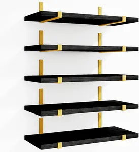Floating Black Gold Shelves, Width 4.7in Wall Shelves Set of 5, Rustic Wood Wall Storage Shelves for Bedroom, Living Room, Kitchen, Bathroom, Office and Plants