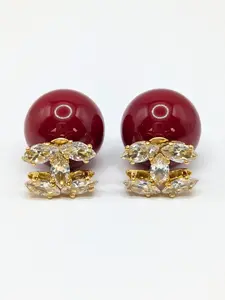 Elegant Double-Sided Pearl & Crystal Logo Stud Earrings – Reversible Front & Back Design – Red Pearl Statement Earrings for Women