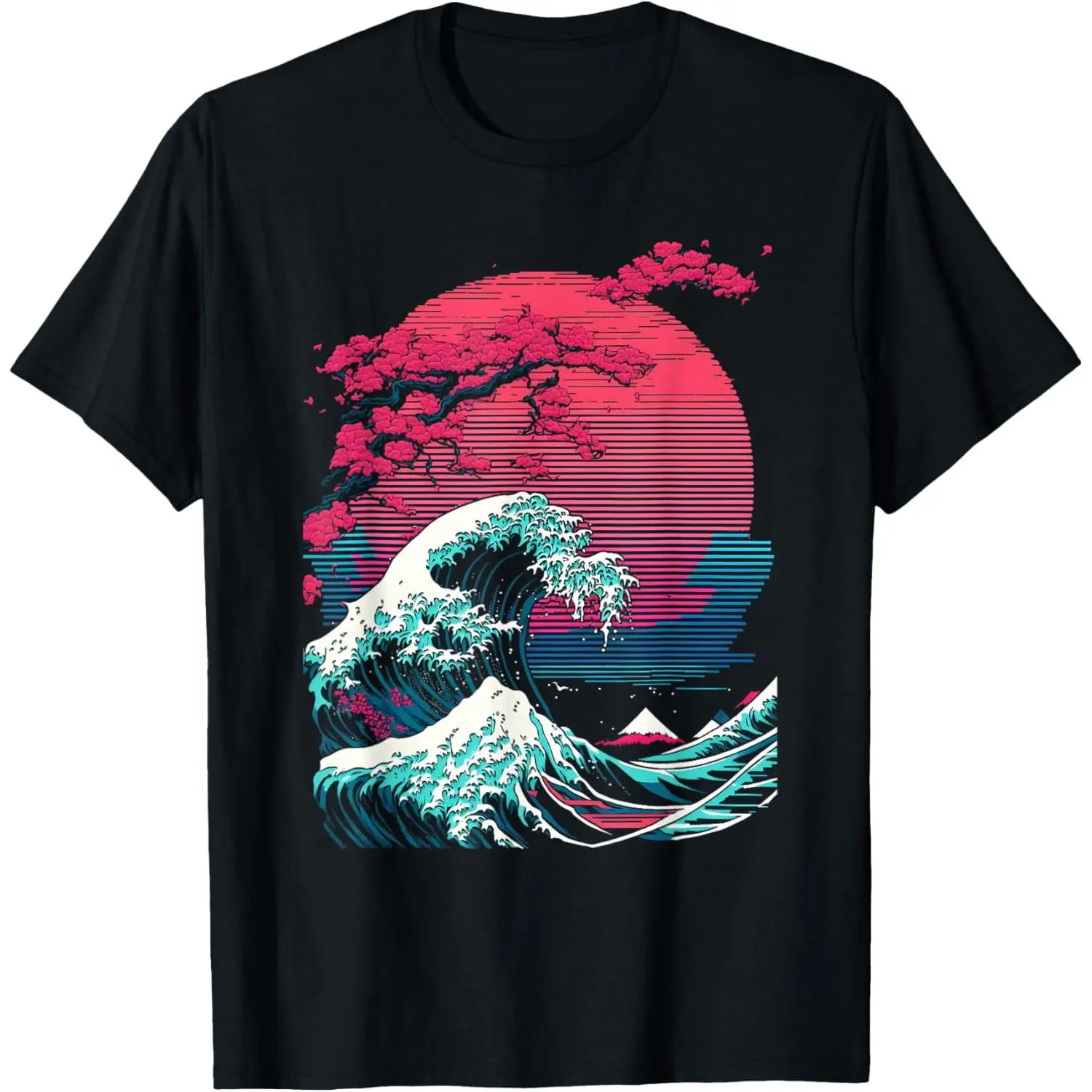 Men's Vaporwave Streetwear Crewneck Tshirt, Great Wave Glitch Print Top in a Breathable Natural Fabric for Sports & Daily Wear, Casual, Cotton, Soft, Glitch Art, Graphic Print, Shortsleeve, Fashion