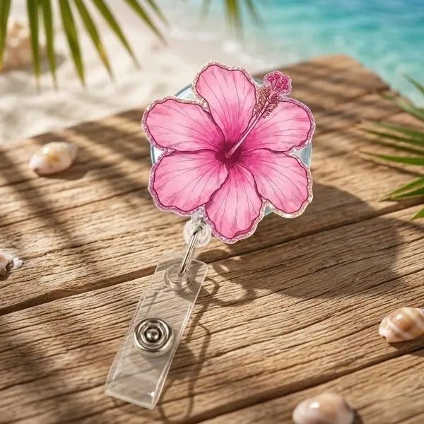 Gliter Pink Hibiscus Flower Badge Reel, Tropical Floral Acrylic Retractable ID Holder, Summer Nurse Teacher Badge Clip, Beach Lover Gift