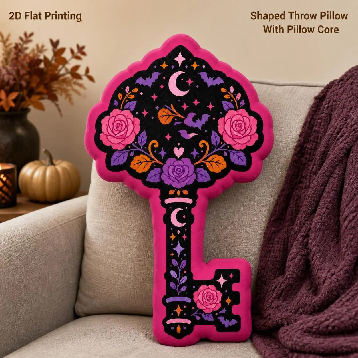 Gothic Rose Key 2D Flat Printing Shaped Stuffed Throw Pillow Decorative Cushion Pillow, Heart Key Roses Bats Moon, gothic key decor