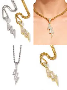 【PANG Jewelry】Hip Hop Lightning Bolt Pendant Necklace Cubic Zirconia Bling Unisex Streetwear Statement Chain Jewelry