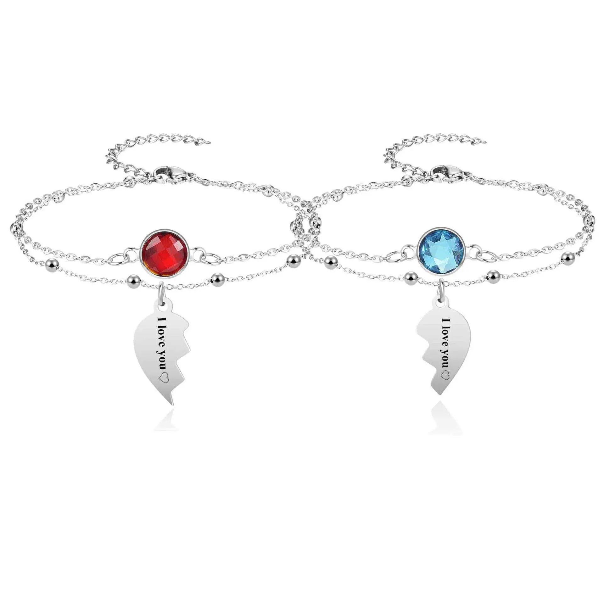 Fashionable Romantic Couple Bracelets - Stainless Steel Half Heart Charm with Red and Blue Crystals, Durable Elegant Daily Wear Jewelry, "I Love You" Gift for Adults, Fashionable Couple Bracelet, Romantic Bracelet