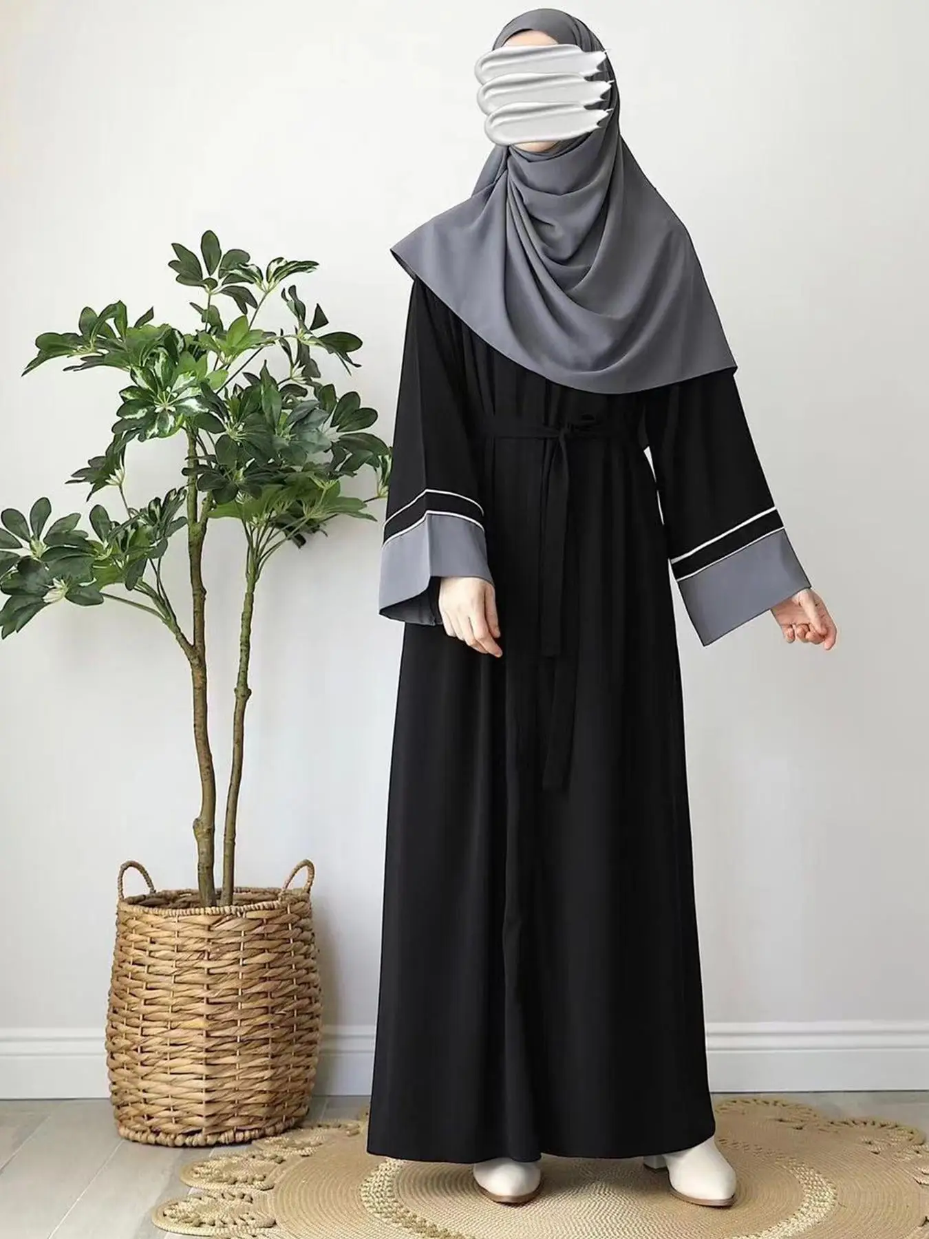 Women's Solid Color Striped Trim Long Sleeve Dress, Modest Casual Long Dress for Daily Wear, Women's Islamic Clothing for All Seasons, without Hijab