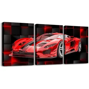Red Race Car Picture Wall Decor,12"x16" 3 Piece Speed Sports Car Canvas Wall Art,Geometric Honeycomb Office Wall Decorations Artwork Posters Room Gift