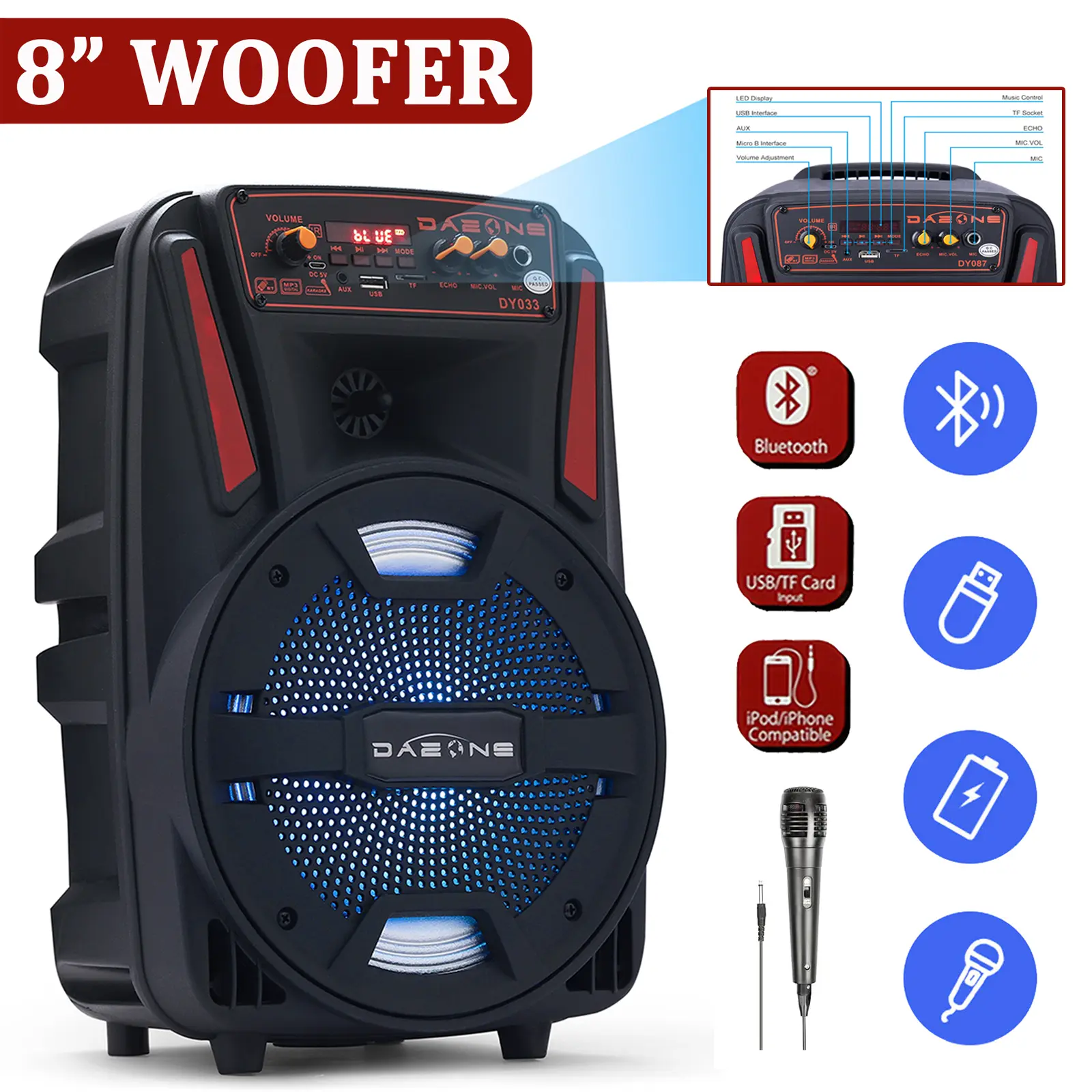 Dazone Loud Bluetooth Wireless Speaker - 8" Subwoofer Heavy Bass Audio Device, BT Karaoke with Mic, FM Radio, MP3 Player, LED Lights, SD Card Slot, Wireless Adapter, Portable for Home & Outdoor Use