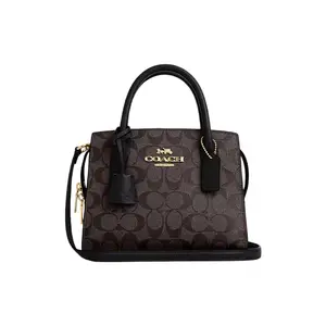 COACH Andrea Carryall 22 Tote Bag for Women – Classic Monogram Coated Canvas and Smooth Leather, Small Size, Dark Brown