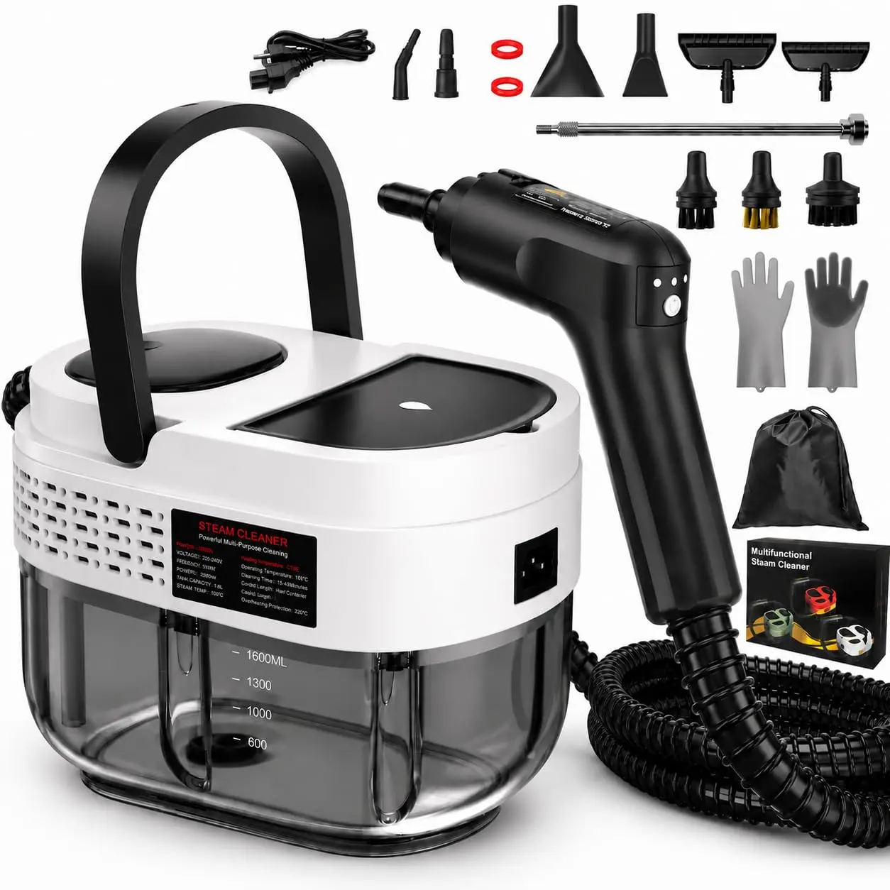 Handheld Steam Cleaner, 2500W High Pressure Steamer for Cleaning, Portable Steam Cleaner with 1.6L Water Tank, 3 Levels Adjustable Handle, Steam Cleaner for Home, Car, Furniture, Bed Bugs (White，Green，Red)