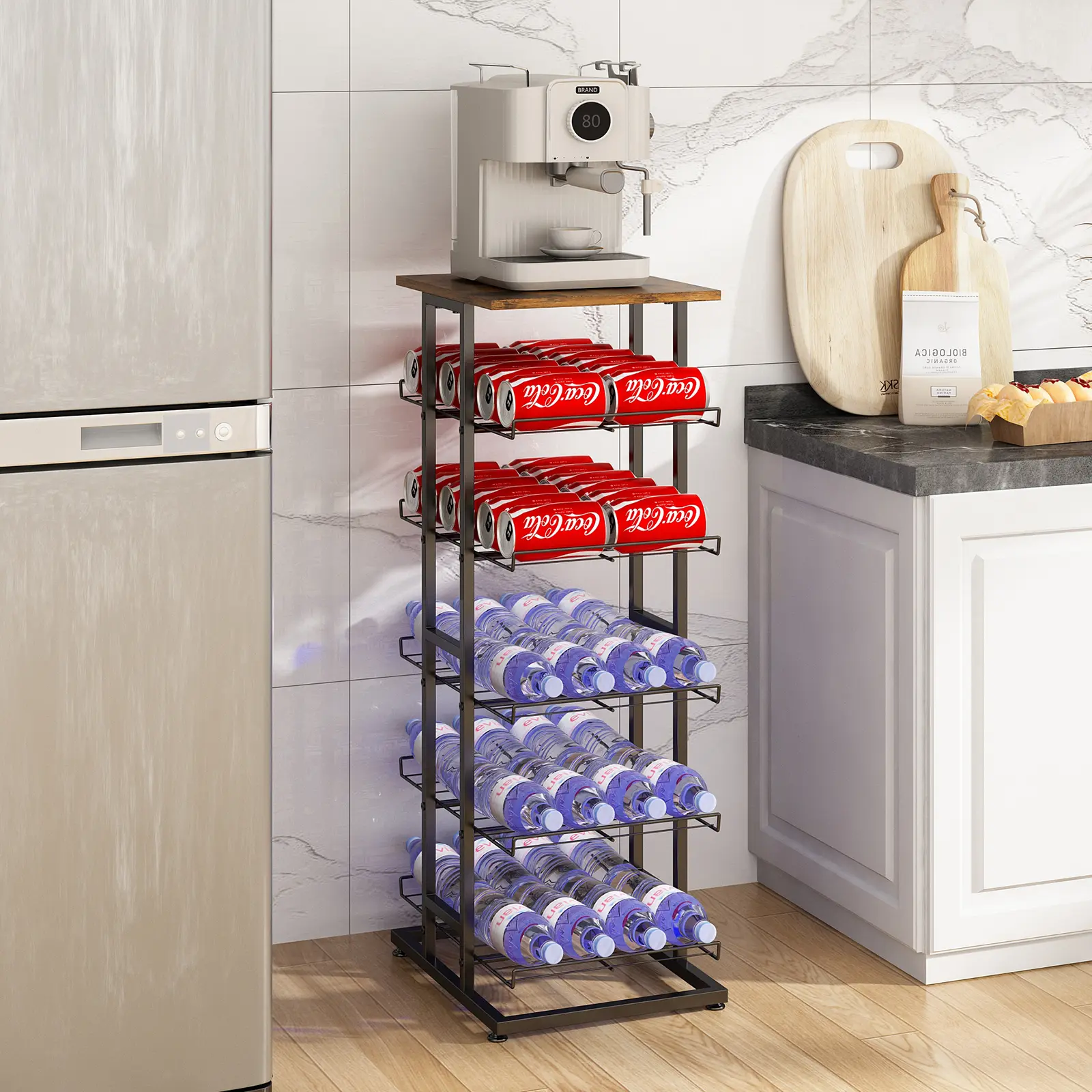 6 Tier Water Bottle Storage Rack With Wooden Tabletop, Metal Beverage Can Rack, Large Capacity Bottled Rack Water Bottle Holder Stand For Cabinet, Countertop Kitchen, Party, Black, Standing Shelf