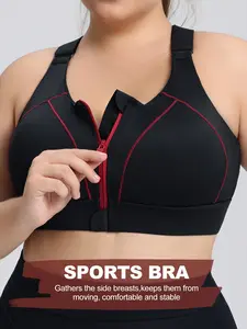 Women's Plus Size Sports Bra with Front Zipper Closure, High Impact Yoga Running Shockproof Fitness Bra, Adjustable Straps, Breathable Sports Bra