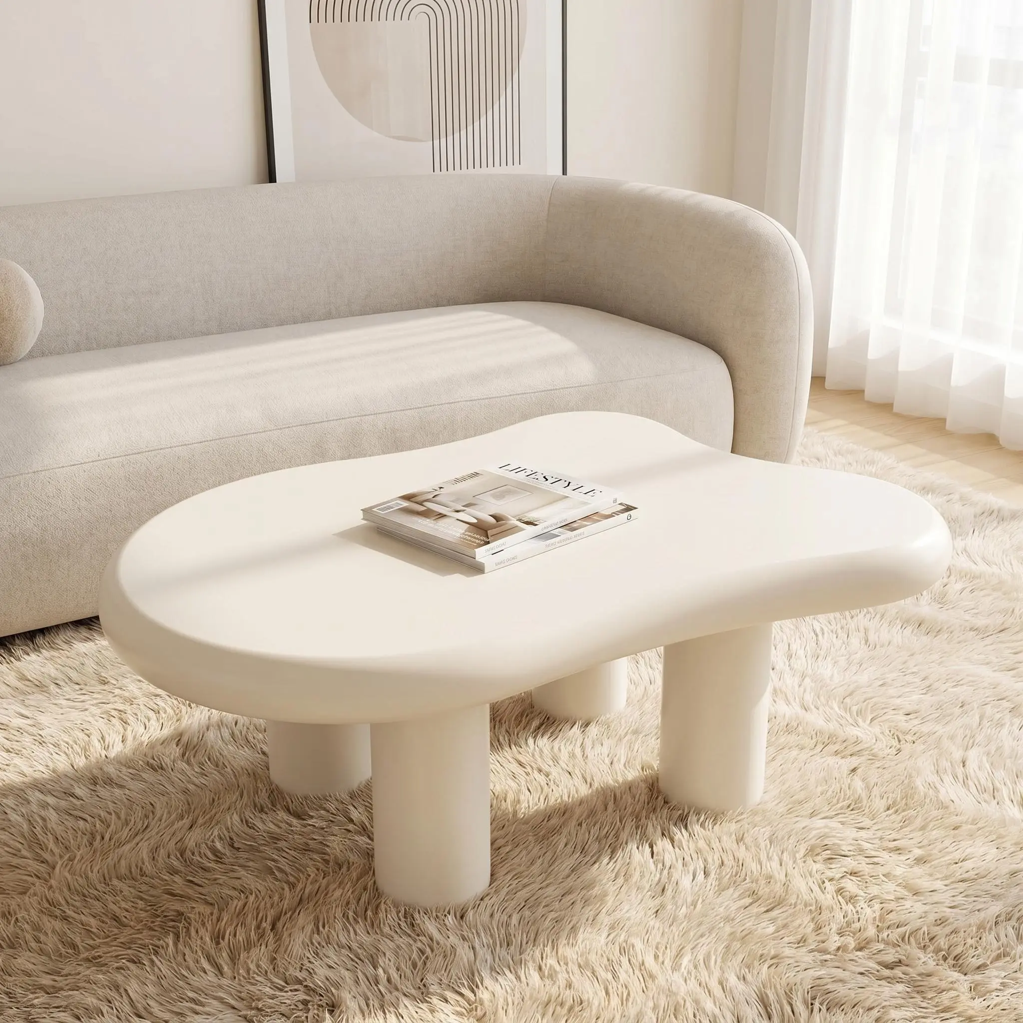 Coffee table,35.5Inch cloud shaped white cream style, modern minimalist living room table