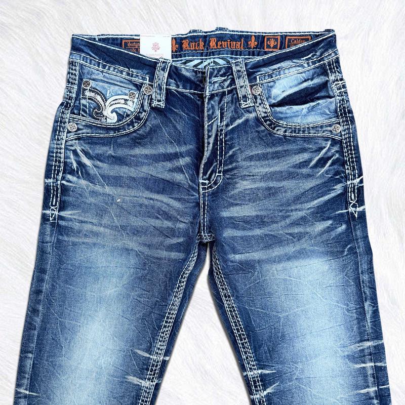 Rock Revival Blue Straight Leg Jeans for Men – Western Cowboy Embroidered Denim – Heavy Stitch Back Pocket – Y2K Street Style Jeans – Premium Vintage Wash