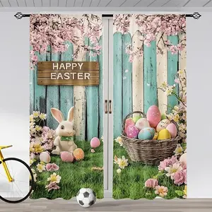 2-piece set of spring Easter pastoral rabbit Easter egg curtains, living room and bedroom decorative curtains, semi transparent polyester fabric, preferred for children's room curtains, year-round home decoration