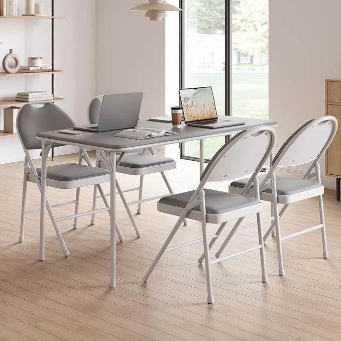 GARVEE 4 Pack Folding Chairs with PU Leather Padded Cushion, 350Lbs Capacity, Lightweight Ergonomic Design, Metal Frame, Indoor Outdoor Portable Stackable Seats for Home Office Party Events，Grey