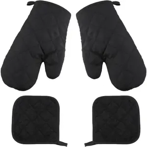 4Pcs Oven Mitts with Pot Holders Heat Resistant Cotton Microwave Gloves Kitchen Mitts for Baking Cooking BBQ, Adult, Black