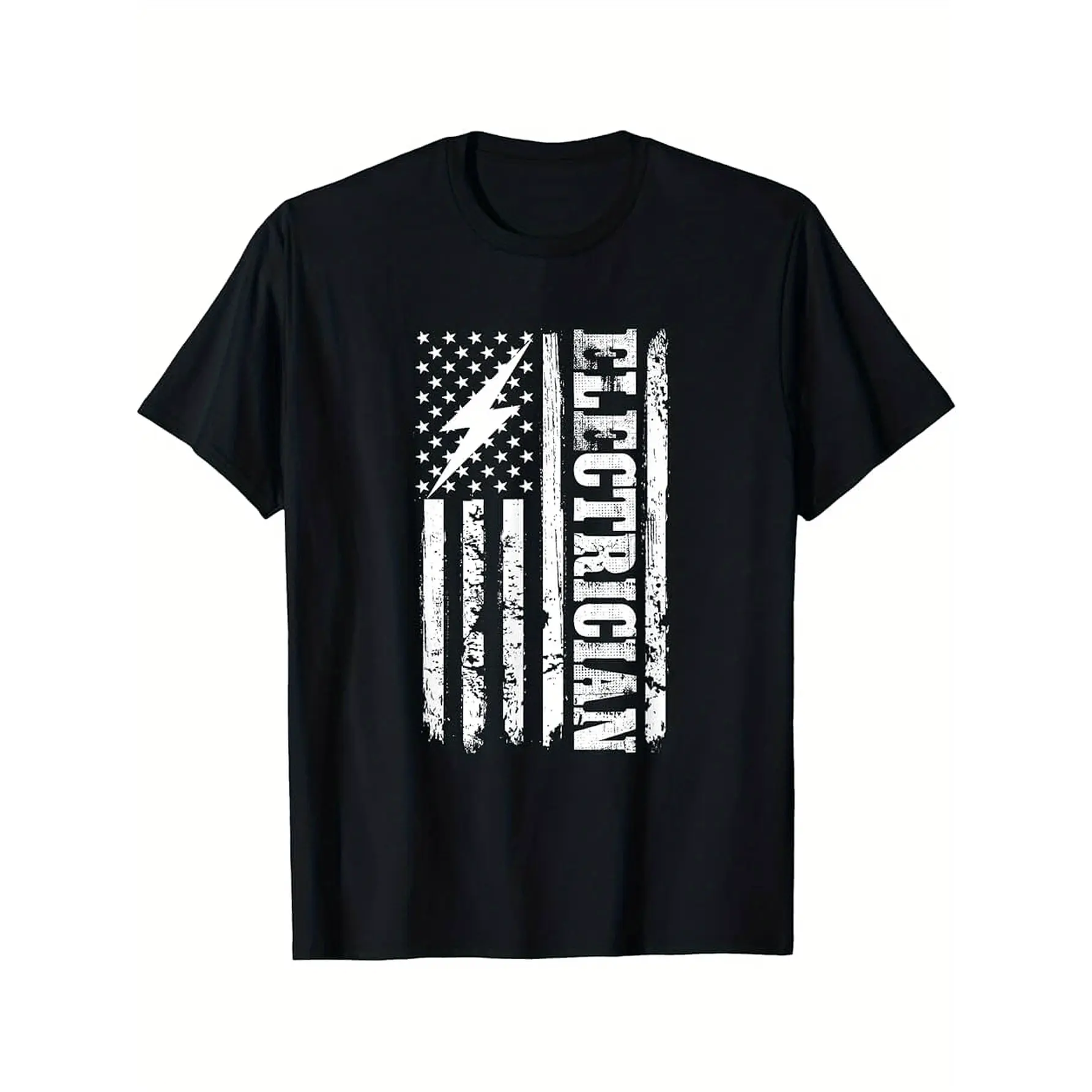 Men's Short-Sleeve Graphic Round Neck T-Shirt - Black Menswear with American Flag Electrical Print, Lineman/Electrician Regular Fit Work Apparel, Machine Washable Patriotic Job Site Attire, Gift for Electricians, Shortsleeve