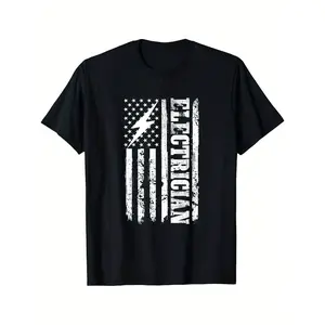 Men's Electrician Lineman T-Shirt - Black with American Flag Electrical Graphic - Heavy Industry Apparel - Regular Fit Crew Neck - Machine Washable Work Shirt for Electricians & Linemen - Professional Electrician Gift, Job Site Attire, Patriotic Design, D