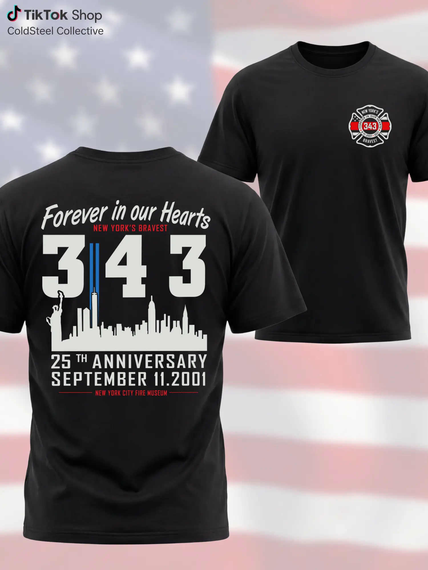 Men's Classic Cotton Casual Short-Sleeve Round Neck 9/11 25th Anniversary 343 Firefighter Memorial 2-Sided Black T-Shirt, Patriot Day First Responder Tribute Gift, Shortsleeve